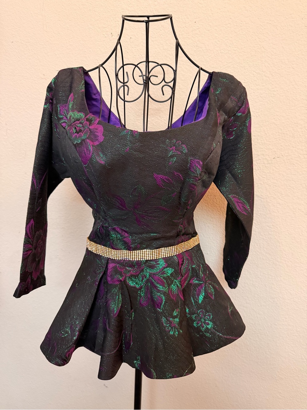 Black Floral Peplum Blouse with Purple & Green Accents